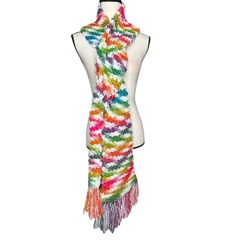 Handcrafted Crochet Scarf Colorful Multicolor Womens Ripple Waffle Stitch Knit - Picture 5 of 16